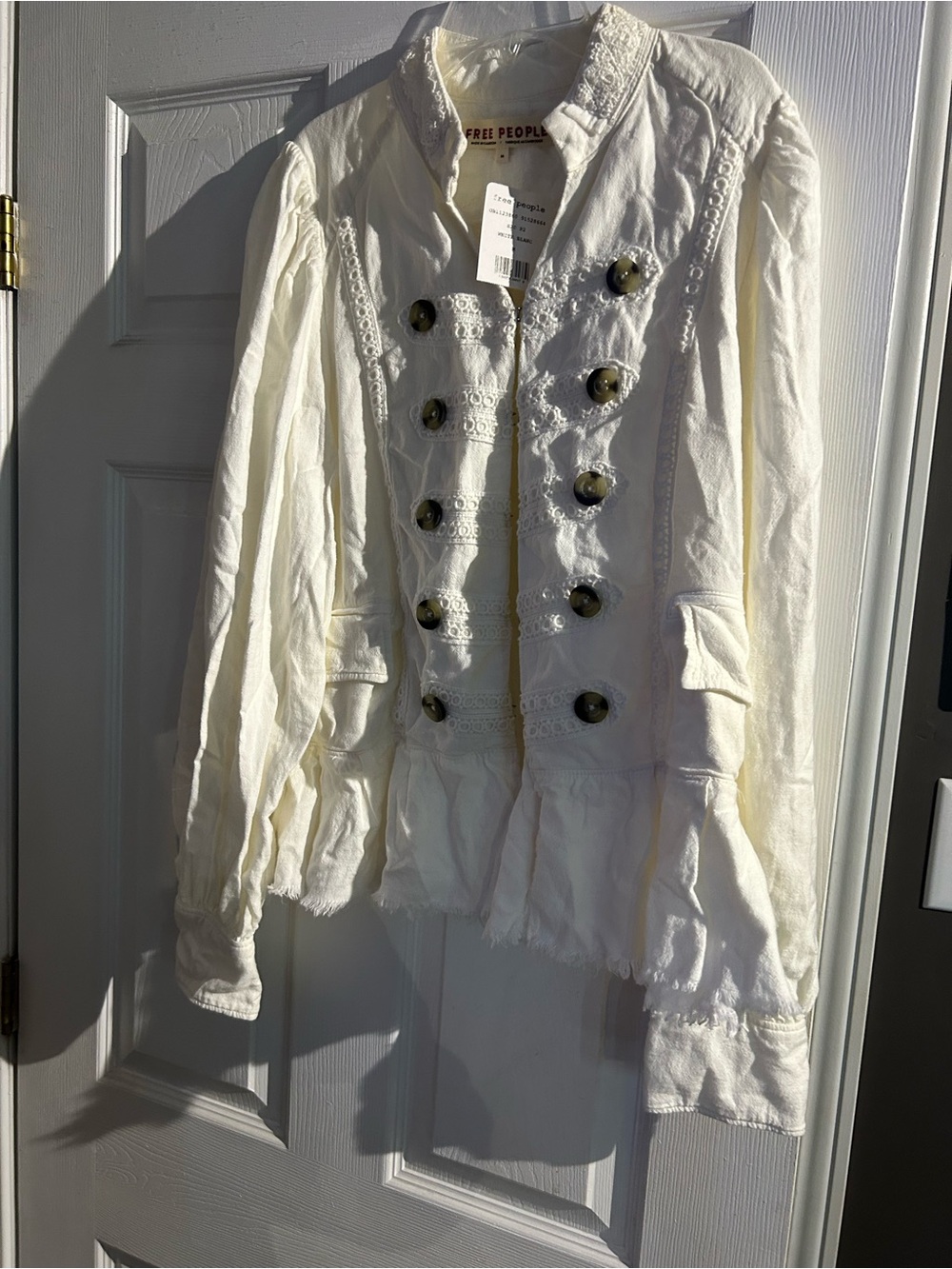 Free People Cream Double-Breasted Lace Military Jacket